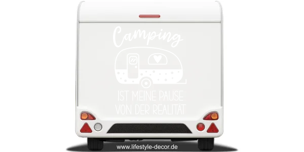 Autoaufkleber Camping ist auf hellem Heck eines Wohnwagens - Ansicht Farbauswahl