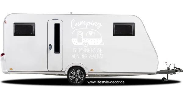 Autoaufkleber Camping ist auf hellem Seite eines Wohnwagens - Ansicht Farbauswahl