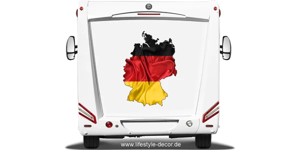 Autoaufkleber Deutschlandkarte mit Flagge auf Heck von Reisemobil oder Wohnwagen