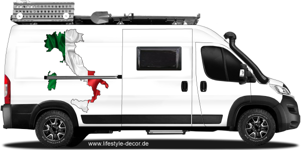 Preview: Autoaufkleber Fahne von Italien als Silhouette Preview: Autoaufkleber Fahne von Italien als Silhouette auf Fahrzeugseite von Camper