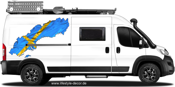 Preview: Autoaufkleber Fahne von Schweden als Silhouette Preview: Autoaufkleber Fahne von Schweden als Silhouette auf Fahrzeugseite von Camper