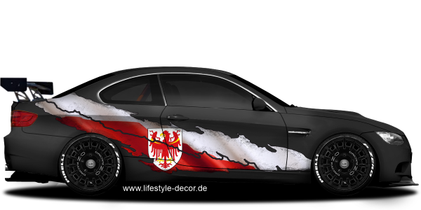 Preview: Autoaufkleber Fahne von Südtirol Preview: Autoaufkleber Fahne von Südtirol auf Fahrzeugseite von dunklem Auto