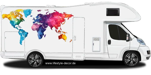 Autoaufkleber farbige Weltkarte aus Polygonen auf weißem Reisemobil