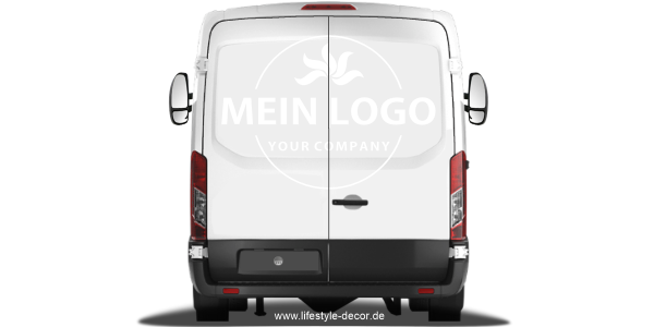 Preview: Autoaufkleber Firmenlogo einfarbig Preview: Autoaufkleber Firmenlogo einfarbig - Ansicht Farbauswahl auf hellem Transporter Heck