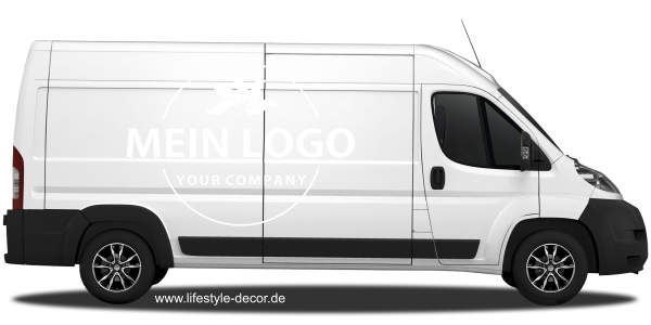 Preview: Autoaufkleber Firmenlogo einfarbig - Set für beide Fahrzeugseiten Preview: Autoaufkleber Firmenlogo einfarbig auf hellem Lieferwagen - Ansicht Farbauswahl