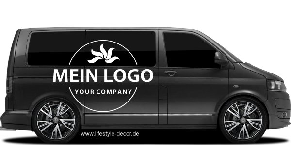 Preview: Autoaufkleber Firmenlogo einfarbig - Set für beide Fahrzeugseiten Preview: Autoaufkleber Firmenlogo einfarbig auf dunklem Lieferwagen - Ansicht Farbauswahl
