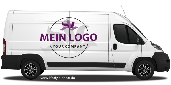 Preview: Autoaufkleber Firmenlogo mehrfarbig - Set für beide Fahrzeugseiten Preview: Autoaufkleber Firmenlogo mehrfarbig auf hellem Camper