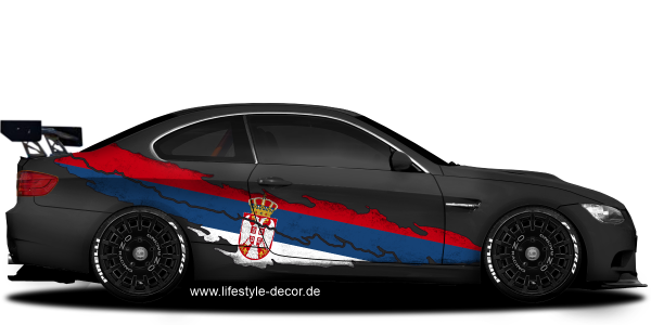 Preview: Autoaufkleber Flagge Serbiens auf Fahrzeugseite von dunklem Auto