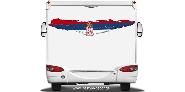 Autoaufkleber Flagge Serbiens auf dem Heck von Wohnmobil oder Wohnwagen