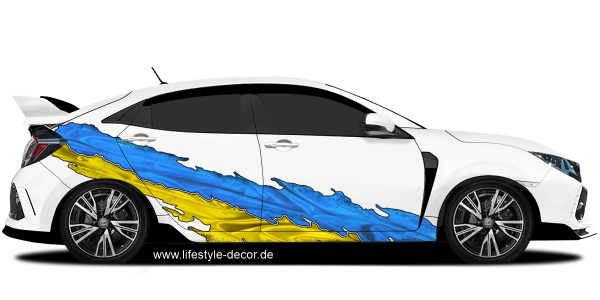 Preview: Autoaufkleber Flagge Ukraine Preview: Autoaufkleber Flagge der Ukraine auf Fahrzeugseite von hellem Auto