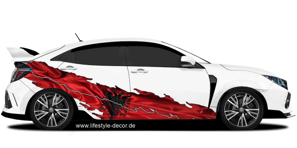 Preview: Autoaufkleber Flagge von Albanien Preview: Autoaufkleber Flagge von Albanien auf Fahrzeugseite von hellem Auto