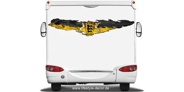 Autoaufkleber Flagge von Baden-Württemberg auf dem Heck von Wohnmobil oder Wohnwagen