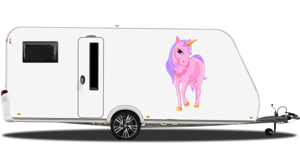 Preview: Autoaufkleber mit glitzerndem Einhorn in Pink und Lila auf hellem Wohnwagen