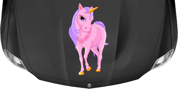 Preview: Autoaufkleber mit glitzerndem Einhorn in Pink und Lila auf dunkler Motorhaube