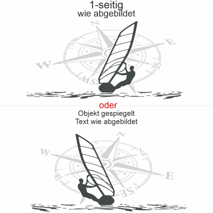 Preview: Autoaufkleber Kompass mit Windsurfer - Ansicht Ausrichtung