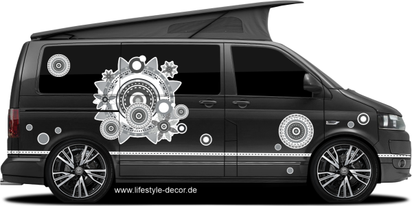 Preview: Autoaufkleber Kunstvolles Design | Frei platzierbares Set Preview: Autoaufkleber Kunstvolles Design auf dunklem Campervan - Ansicht Farbauswahl