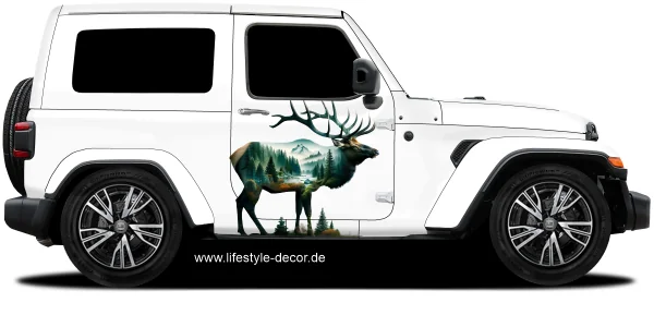 Autoaufkleber Landschaftsmotiv Hirsch auf weißem PKW