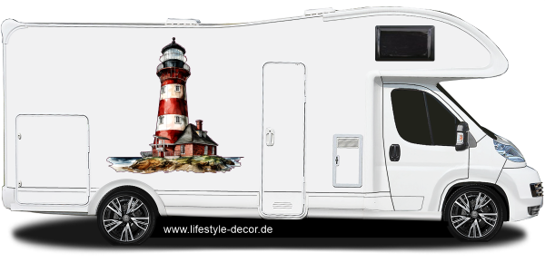 Preview: Autoaufkleber Leuchtturm am Meer Preview: Autoaufkleber Leuchtturm am Meer auf hellem Reisemobil