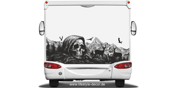 Preview: Autoaufkleber Mystisches Gebirge mit Totenkopf auf Heck von Wohnwagen oder Wohnmobil
