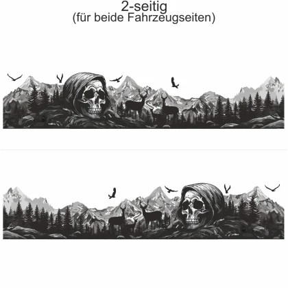 Autoaufkleber Mystisches Gebirge mit Totenkopf - Ansicht zweiseitig für beide Fahrzeugseiten und Farbauswahl