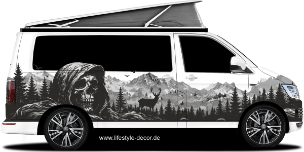 Preview: Autoaufkleber Mystisches Gebirge mit Totenkopf aufhellen Campervan