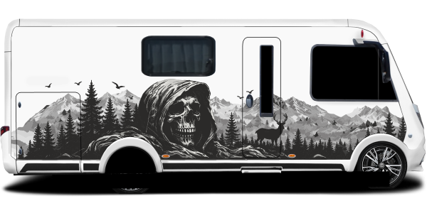 Preview: Autoaufkleber Mystisches Gebirge mit Totenkopf auf Wohnmobil