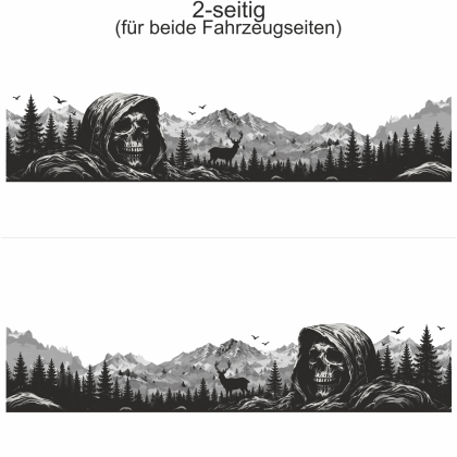 Autoaufkleber Mystisches Gebirge mit Totenkopf - Ansicht zweiseitig für beide Fahrzeugseiten und Farbauswahl