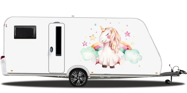 Autoaufkleber mit niedlichem Einhorn auf Wohnwagen