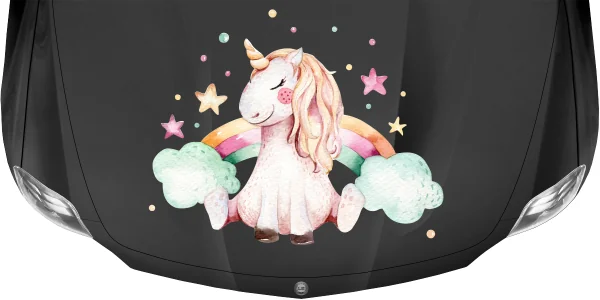 Autoaufkleber mit niedlichem Einhorn auf dunkler Motorhaube
