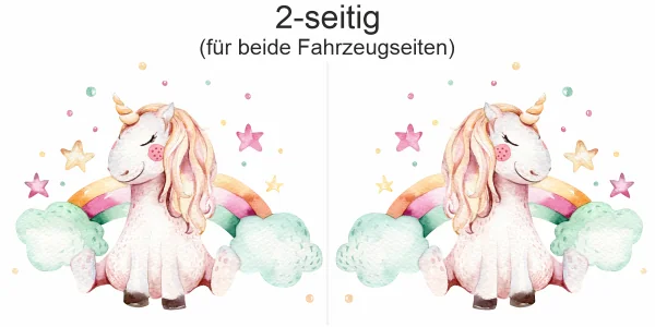 Autoaufkleber mit niedlichem Einhorn - Ansicht zweiseitig für beide Fahrzeugseiten