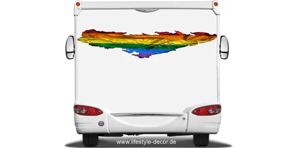 Autoaufkleber Regenbogenflagge LGBTQ auf dem Heck von Wohnmobil oder Wohnwagen