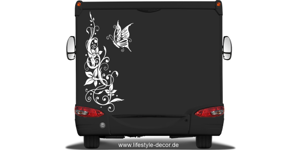 Preview: Autoaufkleber Schmetterling Ranke Preview: Autoaufkleber Schmetterling Ranke auf Heck von Wohnmobil oder Wohnwagen - Ansicht Farbauswahl