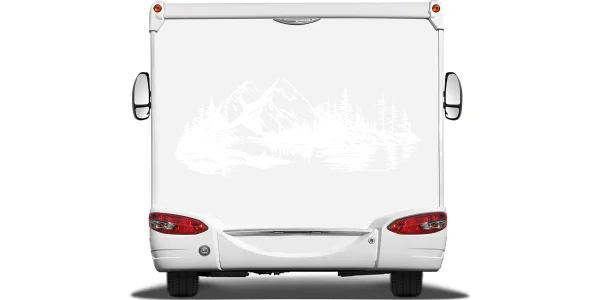 Autoaufkleber Skandinavisches Bergpanorama auf hellem Reisemobilheck - Ansicht Farbauswahl