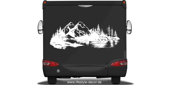 Autoaufkleber Skandinavisches Bergpanorama auf dunklem Reisemobilheck - Ansicht Farbauswahl