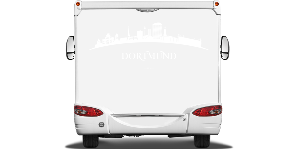 Preview: Autoaufkleber mit Dortmunder Skyline auf Heck von Wohnmobil oder Wohnwagen - Ansicht Farbauswahl
