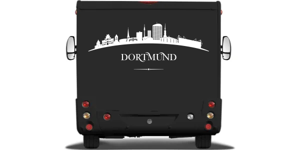 Autoaufkleber mit Dortmunder Skyline auf Heck von Wohnmobil oder Wohnwagen - Ansicht Farbauswahl