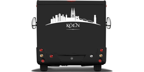 Preview: Aufkleber Fahrzeug Kölner Skyline auf Heck von Wohnmobil oder Wohnwagen - Ansicht Farbauswahl