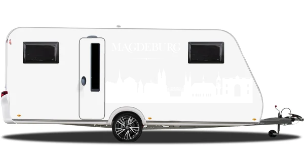 Magdeburger Skyline als Aufkleber für das Auto auf hellem Wohnwagen - Ansicht Farbauswahl