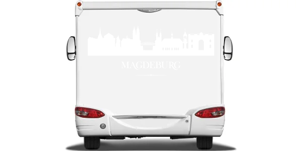 Magdeburger Skyline als Aufkleber für das Auto auf Heck von Wohnmobil oder Wohnwagen - Ansicht Farbauswahl