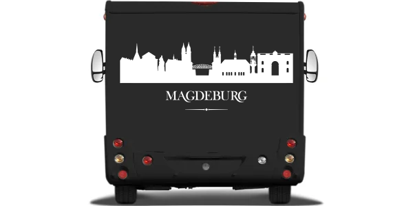 Magdeburger Skyline als Aufkleber für das Auto auf Heck von Wohnmobil oder Wohnwagen - Ansicht Farbauswahl