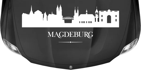 Magdeburger Skyline als Aufkleber für das Auto auf dunkler Motorhaube - Ansicht Farbauswahl