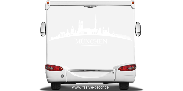 Preview: Autoaufkleber Skyline München auf Heck von Wohnmobil oder Wohnwagen - Ansicht Farbauswahl