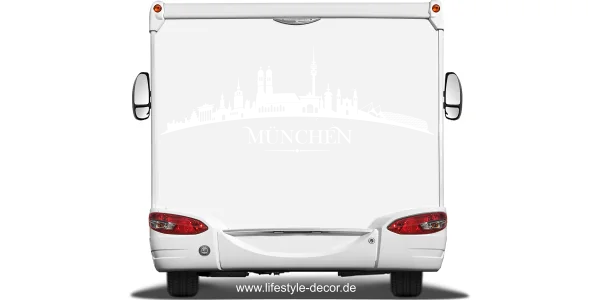 Autoaufkleber Skyline München auf Heck von Wohnmobil oder Wohnwagen - Ansicht Farbauswahl