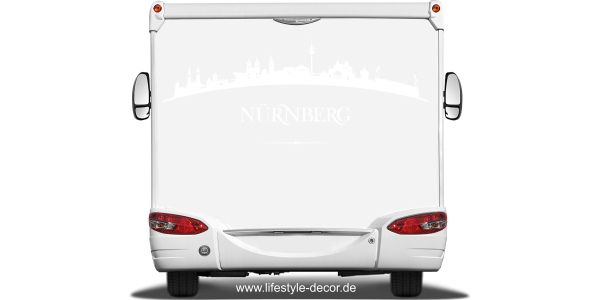 Preview: Autoaufkleber mit der Skyline von Nürnberg auf Heck von Wohnmobil oder Wohnwagen - Ansicht Farbauswahl