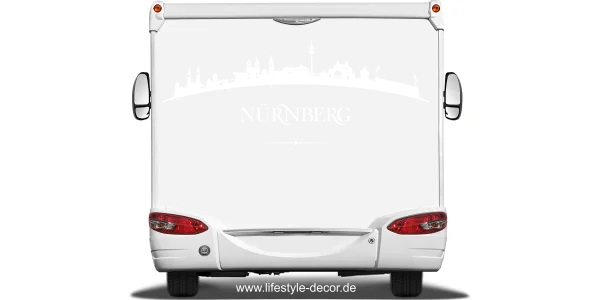 Autoaufkleber mit der Skyline von Nürnberg auf Heck von Wohnmobil oder Wohnwagen - Ansicht Farbauswahl