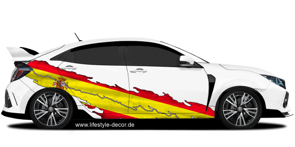 Preview: Autoaufkleber Spanische Flagge Preview: Autoaufkleber Spanische Flagge auf Fahrzeugseite von hellem Auto