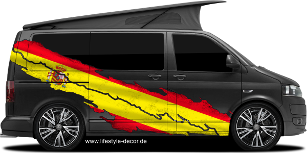 Preview: Autoaufkleber Spanische Flagge Preview: Autoaufkleber Spanische Flagge auf Fahrzeugseite von dunklem Campervan