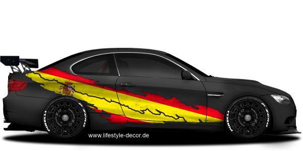 Preview: Autoaufkleber Spanische Flagge Preview: Autoaufkleber Spanische Flagge auf Fahrzeugseite von dunklem Auto