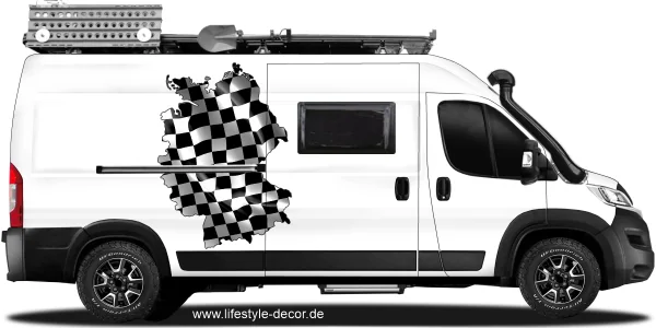 Autoaufkleber Start Fahne von Deutschland als Silhouette auf Fahrzeugseite von Camper