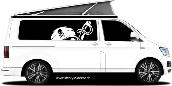 Preview: Autoaufkleber Totenkopf mit gekreuzten Säbel auf hellem Van - Ansicht Farbauswahl